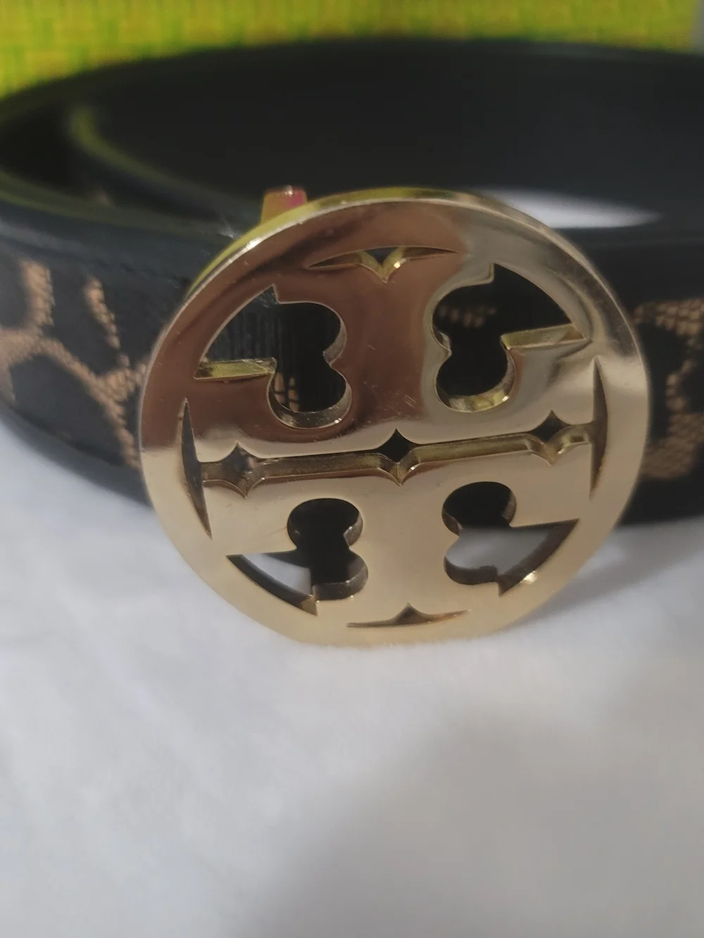 Tory Burch Black Leather Logo-lepard Print Belt with Gold Round Buckle